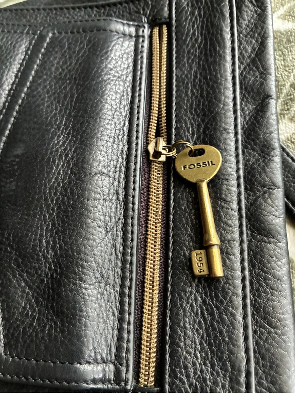 Fossil Black Leather Crossbody Bag with Brass Key Charm